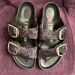 Black Velvet Birkenstocks Size 38 (8 US) 2 Adjustable Gold Buckles